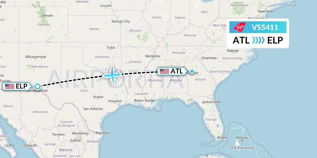 VS5411 Virgin Atlantic Airways Flight Map: Atlanta to El Paso