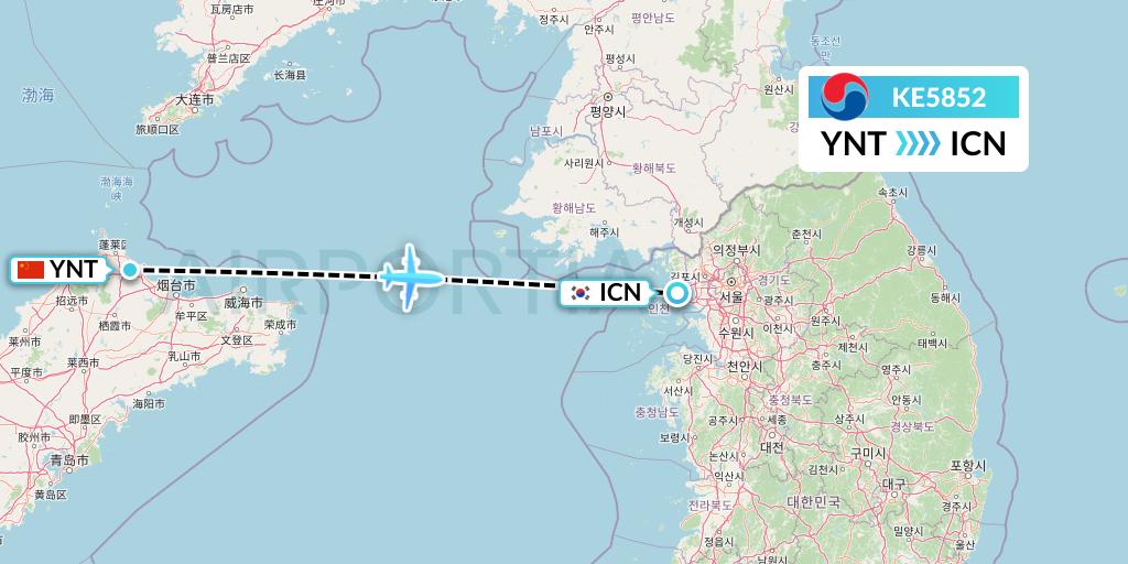 KE5852 Korean Air Flight Map: Yantai to Seoul
