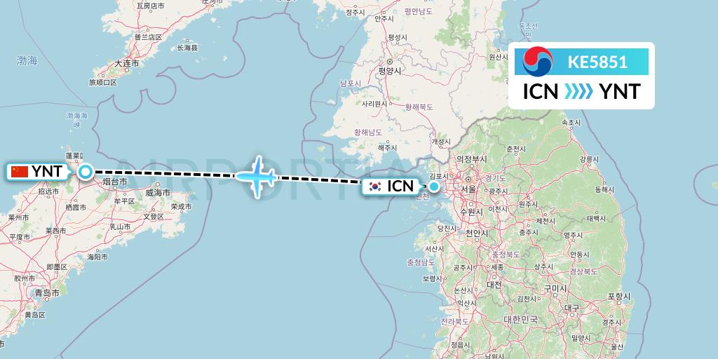 KE5851 Korean Air Flight Map: Seoul to Yantai