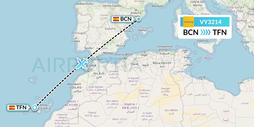 VY3214 Vueling Flight Map: Barcelona to Tenerife