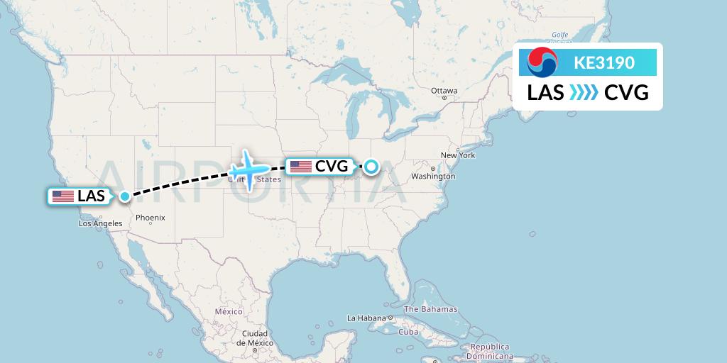 KE3190 Korean Air Flight Map: Las Vegas to Cincinnati