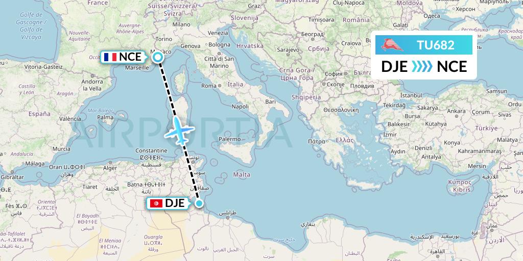 TU682 Tunisair Flight Map: Djerba to Nice