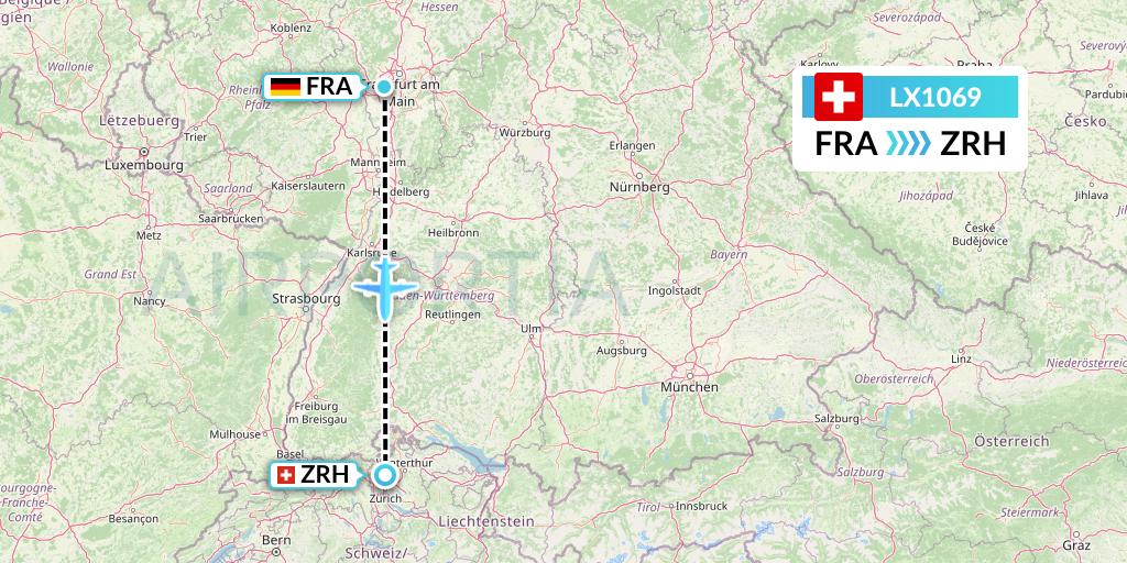 LX1069 Swiss Flight Map: Frankfurt to Zurich