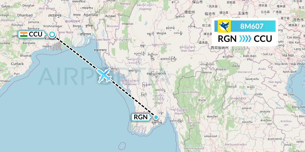 8M607 Myanmar Airways International Flight Map: Yangon to Kolkata