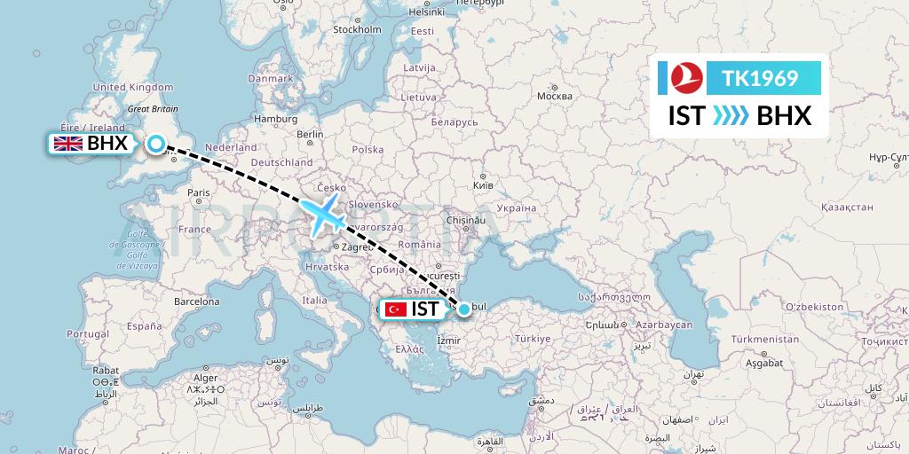 TK1969 Turkish Airlines Flight Map: Istanbul to Birmingham