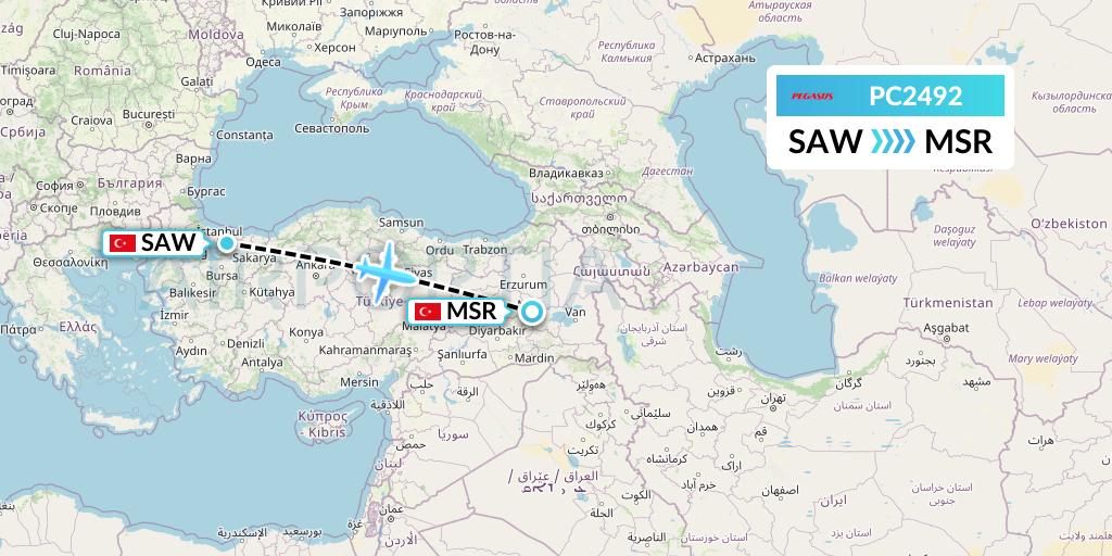 PC2492 Pegasus Airlines Flight Map: Istanbul to Mus