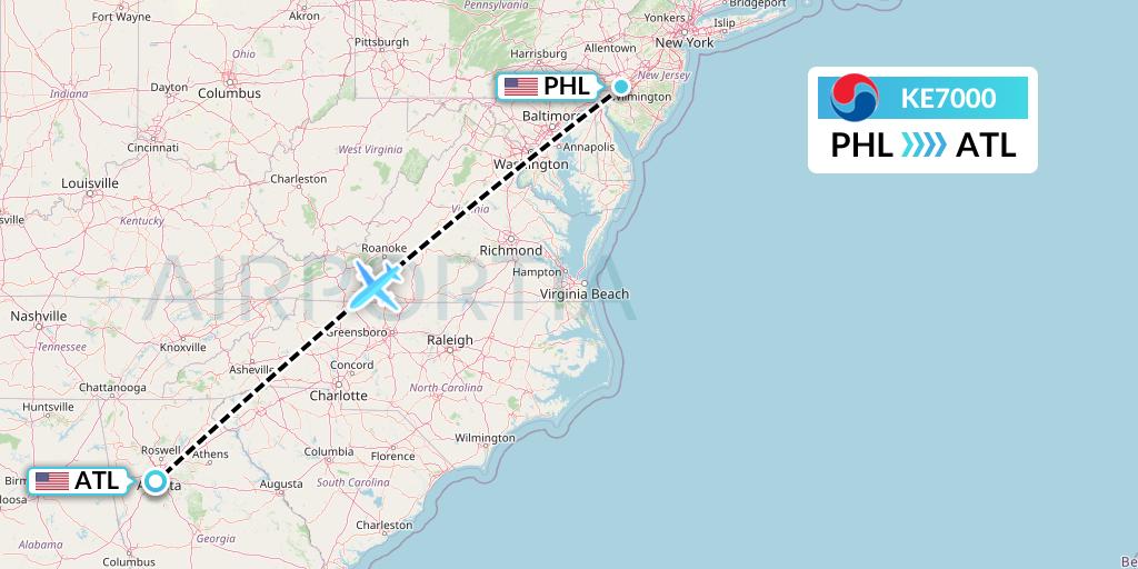 KE7000 Korean Air Flight Map: Philadelphia to Atlanta