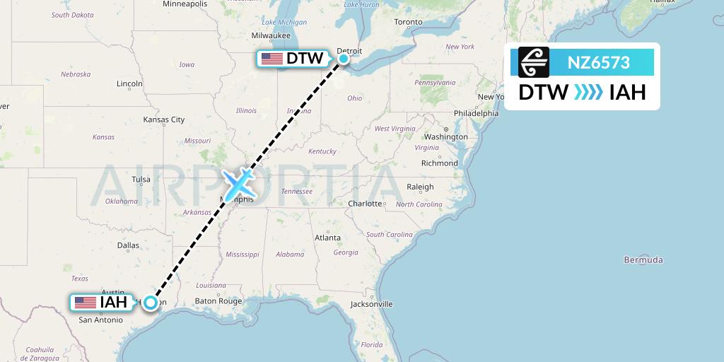 NZ6573 Air New Zealand Flight Map: Detroit to Houston