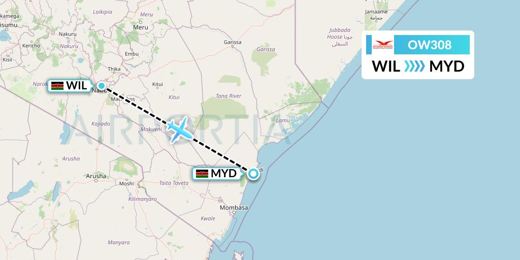 OW308 Skyward Express Flight Map: Nairobi to Malindi