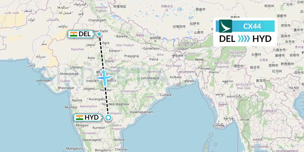 CX44 Cathay Pacific Flight Map: Delhi to Hyderabad