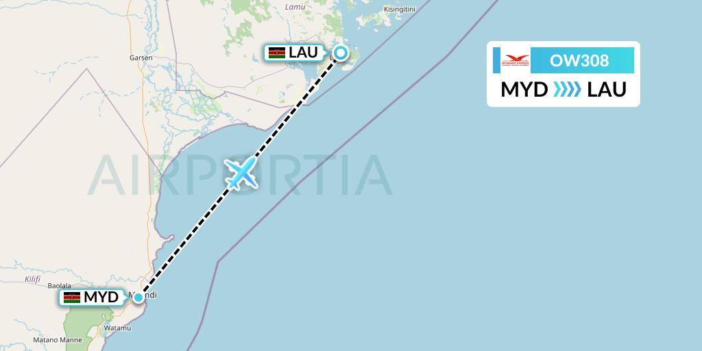 OW308 Skyward Express Flight Map: Malindi to Lamu
