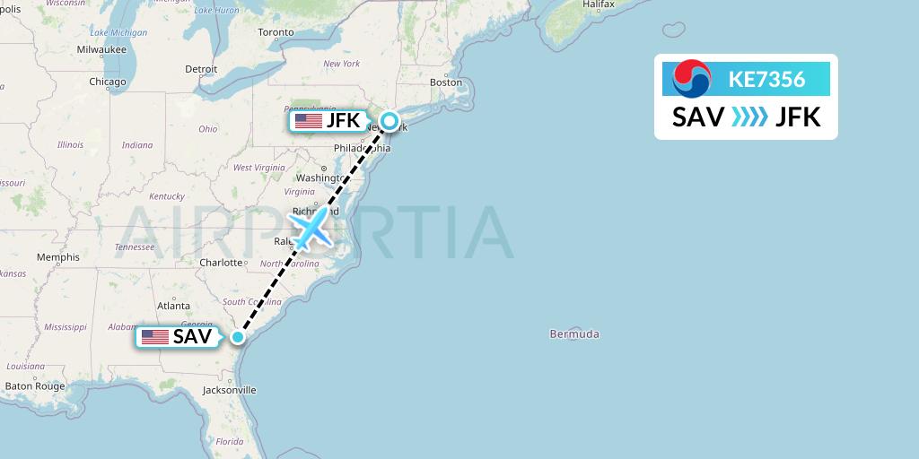 KE7356 Korean Air Flight Map: Savannah to New York