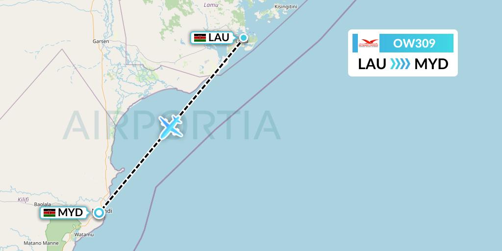 OW309 Skyward Express Flight Map: Lamu to Malindi