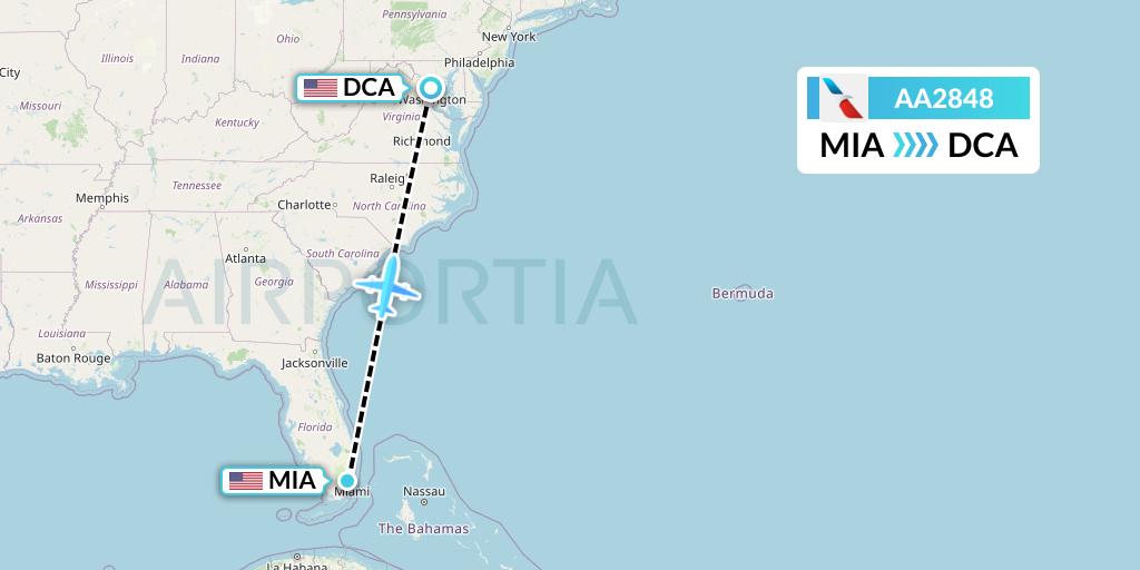 AA2848 American Airlines Flight Map: Miami to Washington