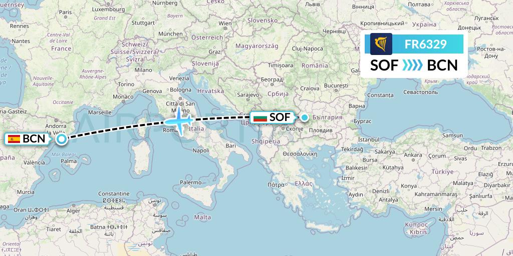 FR6329 Ryanair Flight Map: Sofia to Barcelona