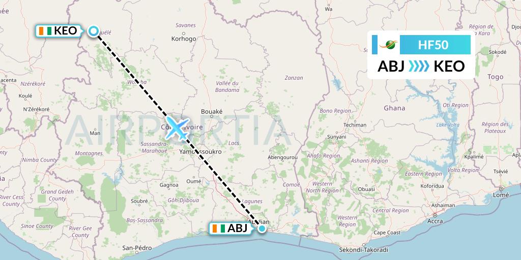 HF50 Air Cote d'Ivoire Flight Map: Abidjan to Odienne