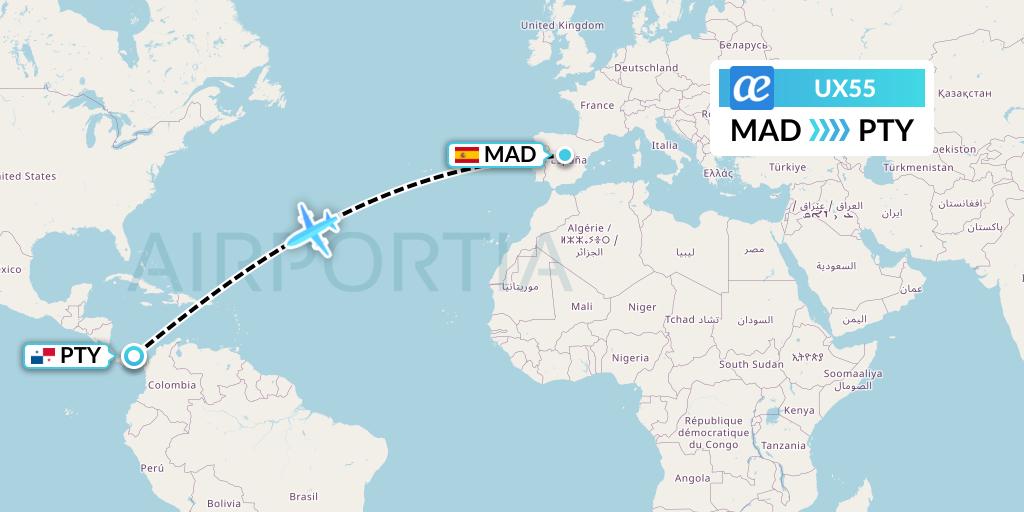 UX55 Air Europa Flight Map: Madrid to Panama City