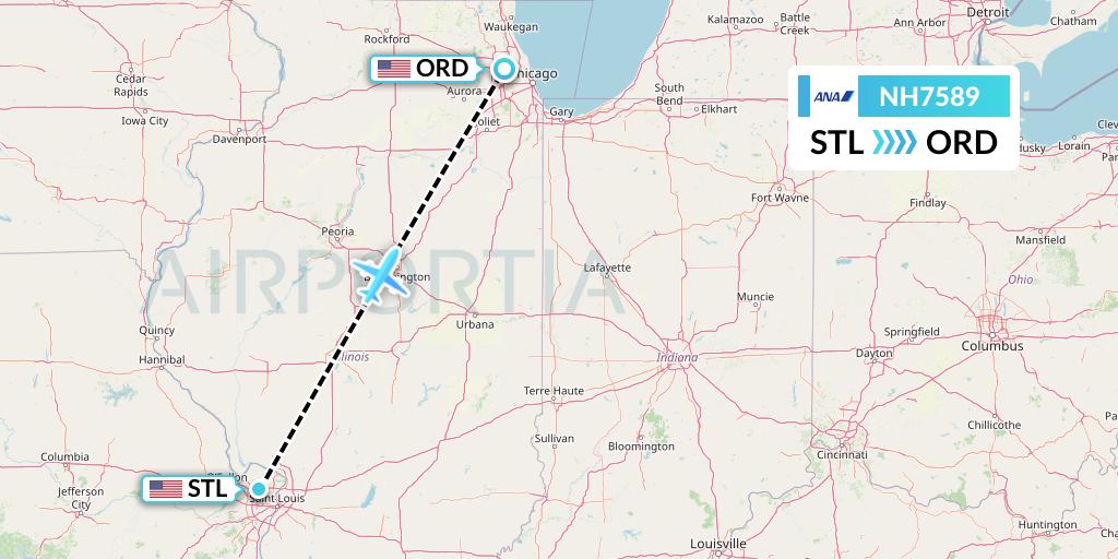 NH7589 All Nippon Airways Flight Map: St. Louis to Chicago