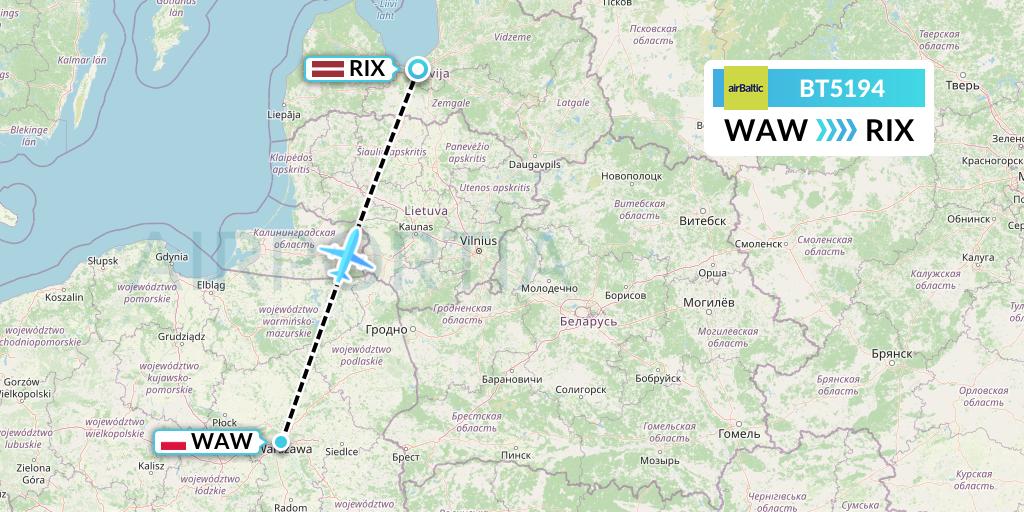 BT5194 Air Baltic Flight Map: Warsaw to Riga