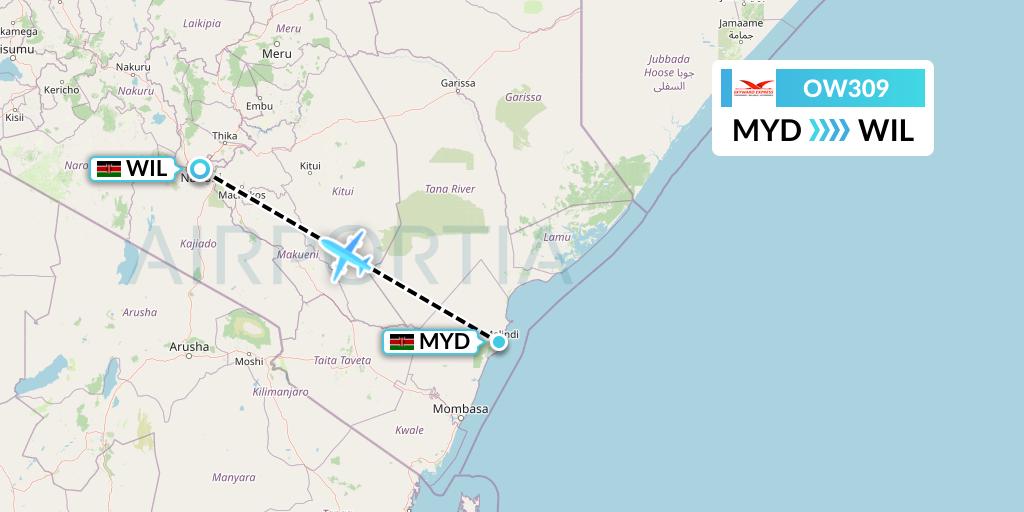 OW309 Skyward Express Flight Map: Malindi to Nairobi