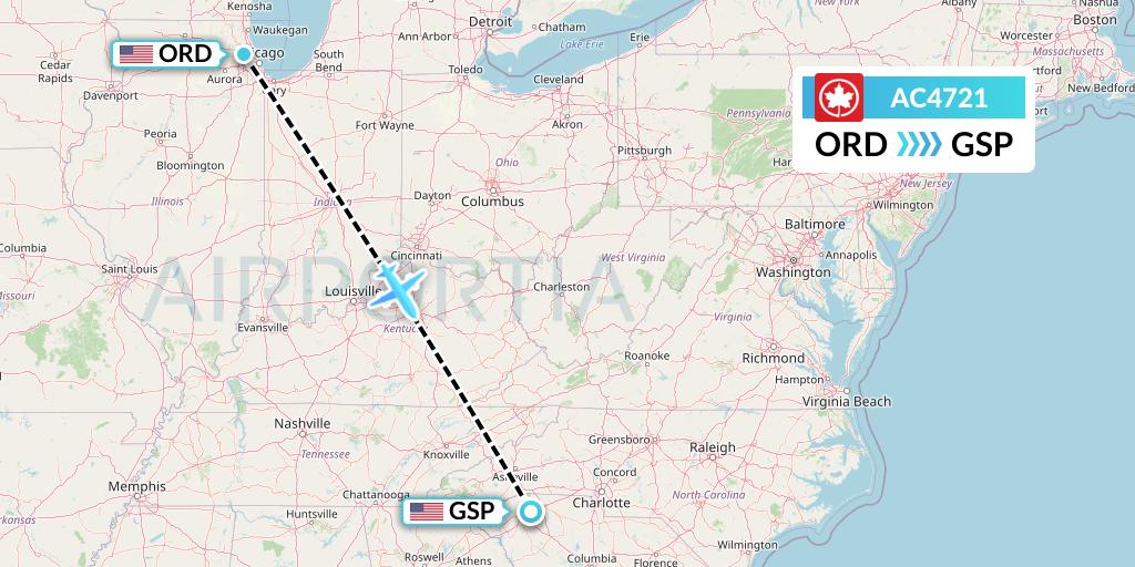 AC4721 Air Canada Flight Map: Chicago to Greenville-Spartanburg