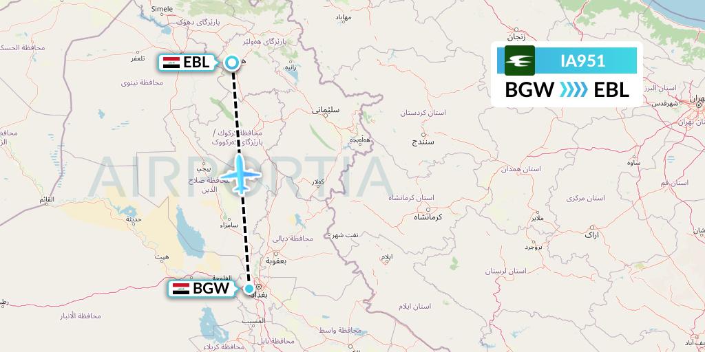 IA951 Iraqi Airways Flight Map: Baghdad to Arbil