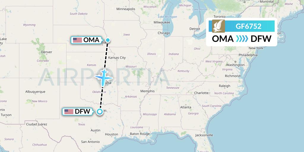 GF6752 Gulf Air Flight Map: Omaha to Dallas