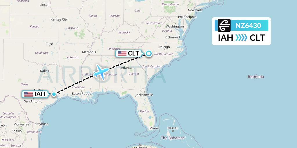 NZ6430 Air New Zealand Flight Map: Houston to Charlotte