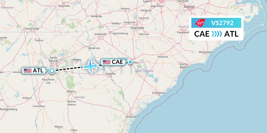 VS2792 Virgin Atlantic Airways Flight Map: Columbia to Atlanta