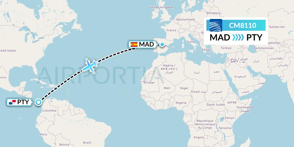 CM8110 Copa Airlines Flight Map: Madrid to Panama City