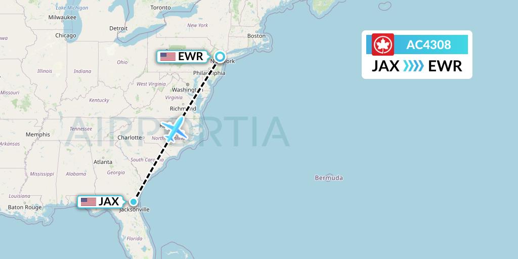 AC4308 Air Canada Flight Map: Jacksonville to New York