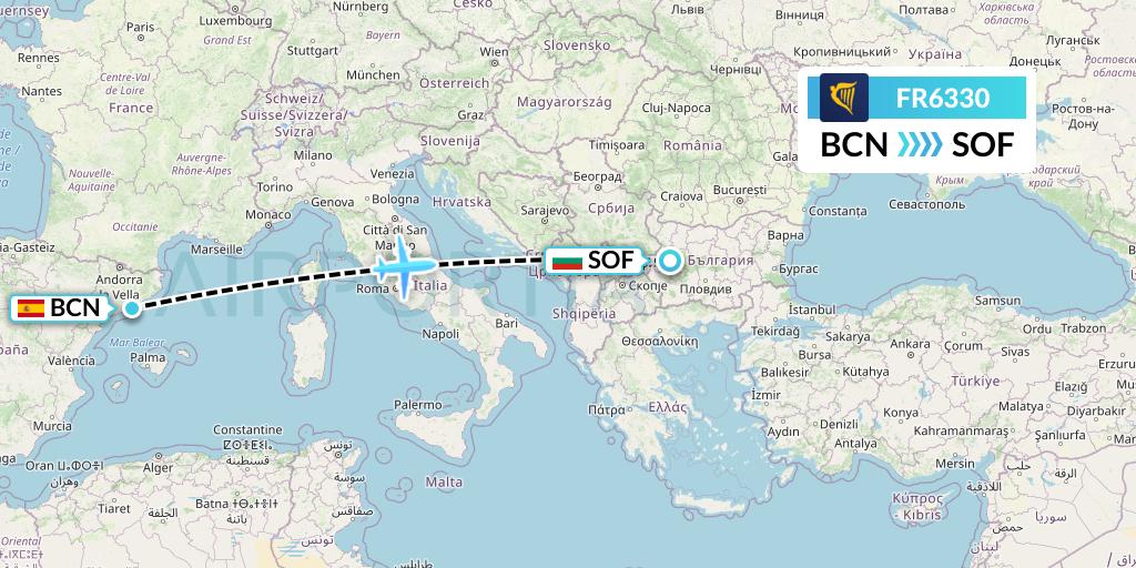 FR6330 Ryanair Flight Map: Barcelona to Sofia