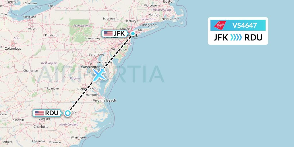 VS4647 Virgin Atlantic Airways Flight Map: New York to Raleigh-Durham
