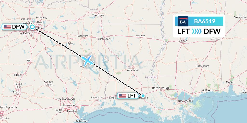 BA6519 British Airways Flight Map: Lafayette to Dallas