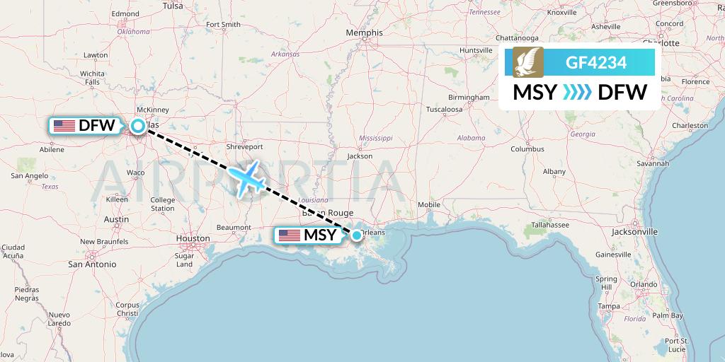 GF4234 Gulf Air Flight Map: New Orleans to Dallas