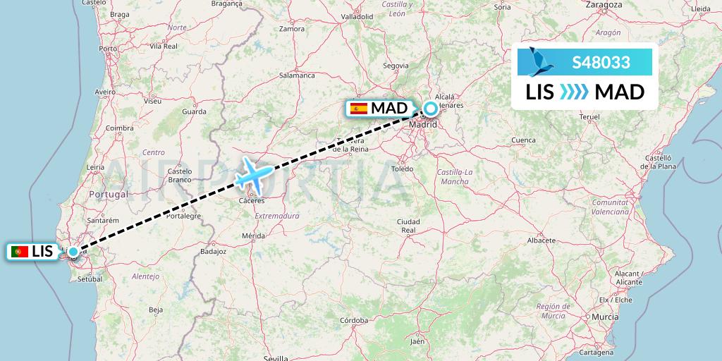 S48033 Azores Airlines Flight Map: Lisbon to Madrid