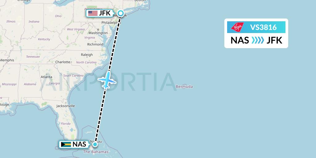 VS3816 Virgin Atlantic Airways Flight Map: Nassau to New York