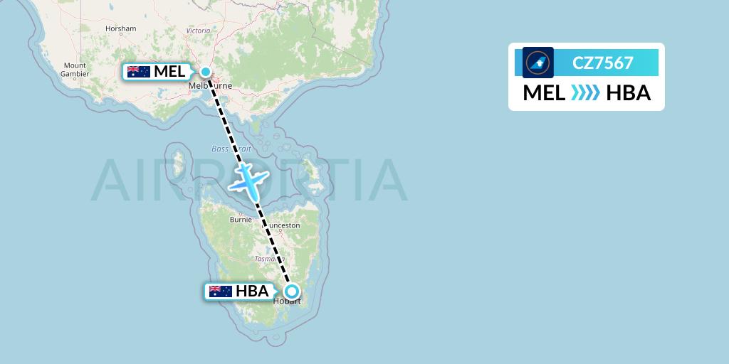 CZ7567 China Southern Airlines Flight Map: Melbourne to Hobart