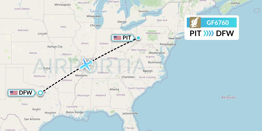 GF6760 Gulf Air Flight Map: Pittsburgh to Dallas