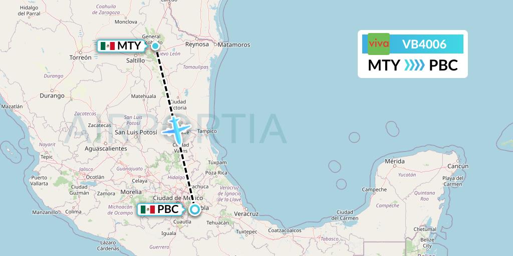 VB4006 VivaAerobus Flight Map: Monterrey to Puebla