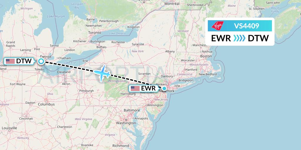 VS4409 Virgin Atlantic Airways Flight Map: New York to Detroit