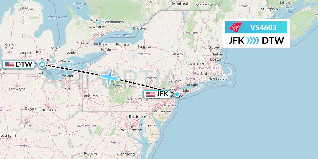 VS4603 Virgin Atlantic Airways Flight Map: New York to Detroit
