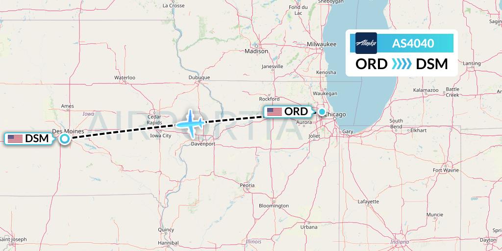 AS4040 Alaska Airlines Flight Map: Chicago to Des Moines