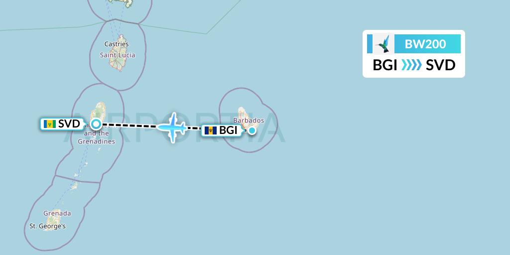 BW200 Caribbean Airlines Flight Map: Bridgetown to Kingstown