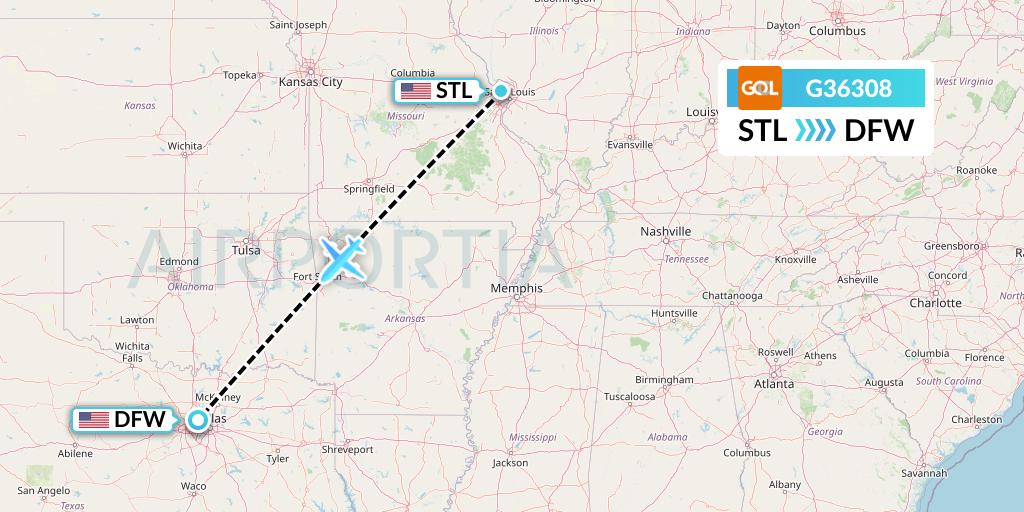 G36308 GOL Transportes Aeros Flight Map: St. Louis to Dallas