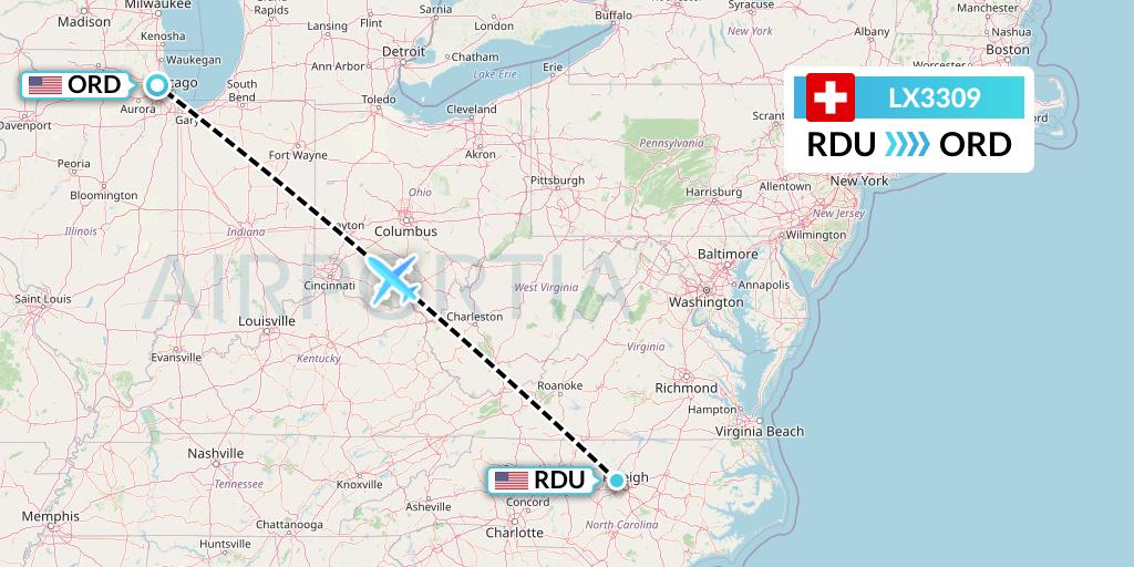 LX3309 Swiss Flight Map: Raleigh-Durham to Chicago