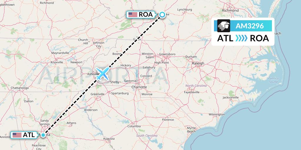 AM3296 Aeromexico Flight Map: Atlanta to Roanoke