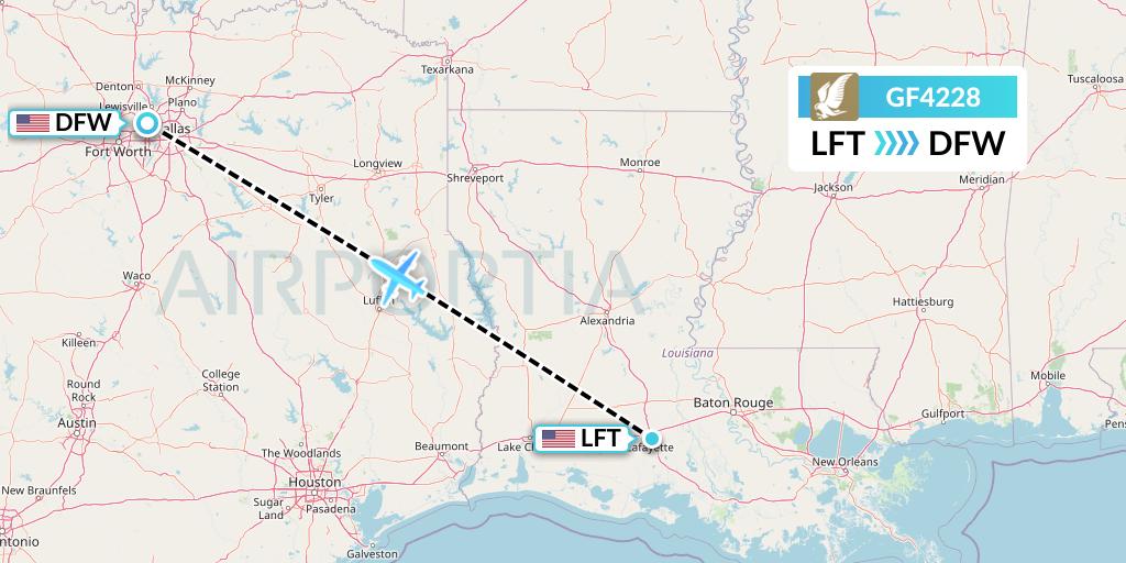 GF4228 Gulf Air Flight Map: Lafayette to Dallas