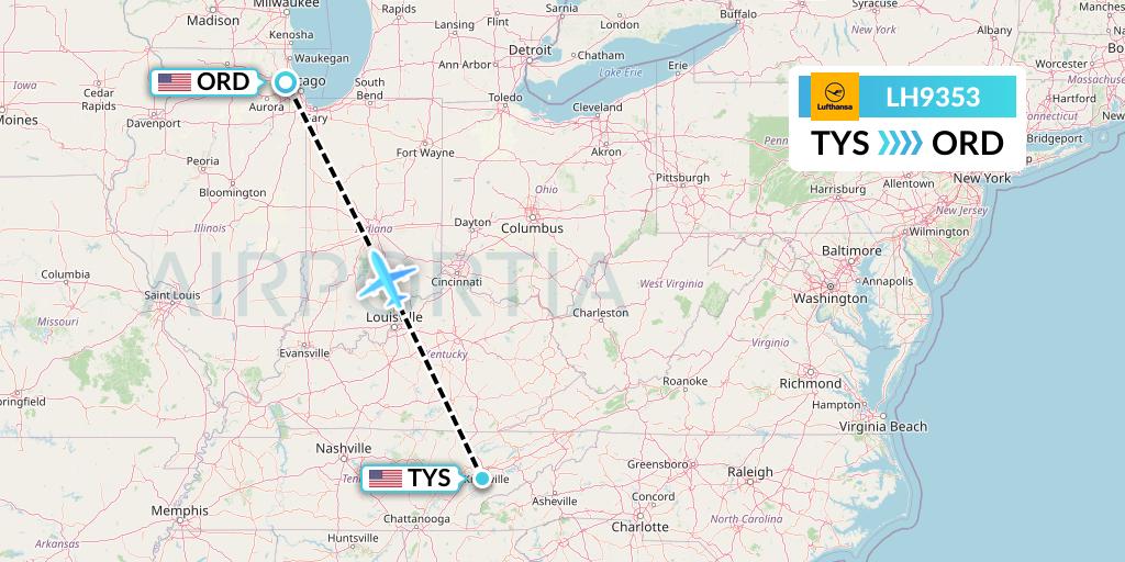 LH9353 Lufthansa Flight Map: Knoxville to Chicago