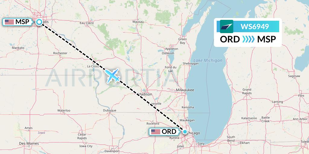 WS6949 WestJet Flight Map: Chicago to Minneapolis